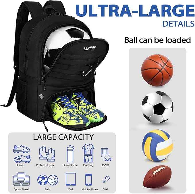 LARIPOP Soccer Backpack Soccer Bag with Ball Holder & Shoe Compartment Youth Sports Equipment Training Bag