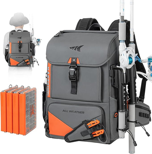 KastKing All Weather Fishing Tackle Backpack with 4 Waterproof Tackle Boxes & Removable Rod Holders,Waterproof ArmorShield Fabric Fishing Bag Storage Fishing Gear
