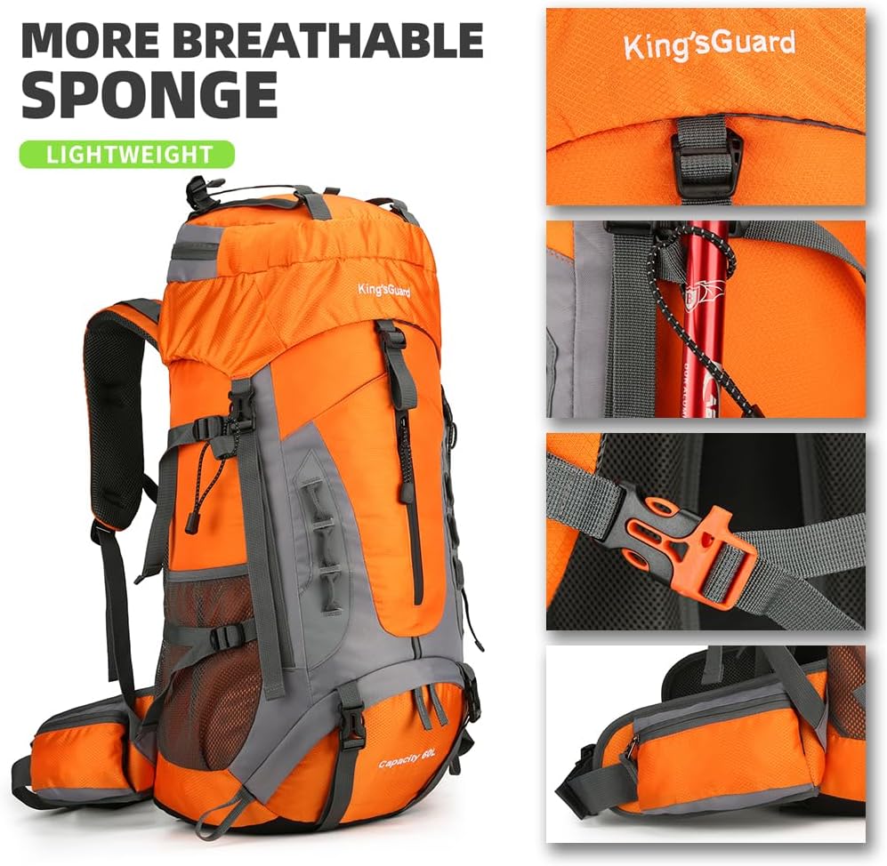 King'sGuard 60L Hiking Backpack Large Waterproof Camping Backpack for Men and Women Lightweight Frameless Backpacking Backpack with Rain Cover (Orange) - Roamly