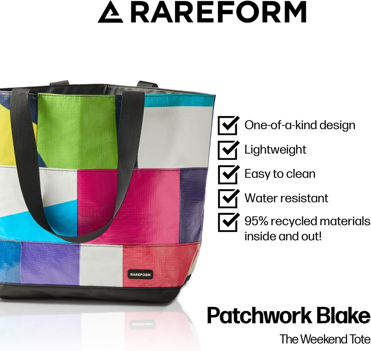 Rareform Large Zippered Blake Tote Bag | One-of-a-Kind, Water-Resistant, Recycled Billboard Vinyl | Color and Pattern Vary - Roamly