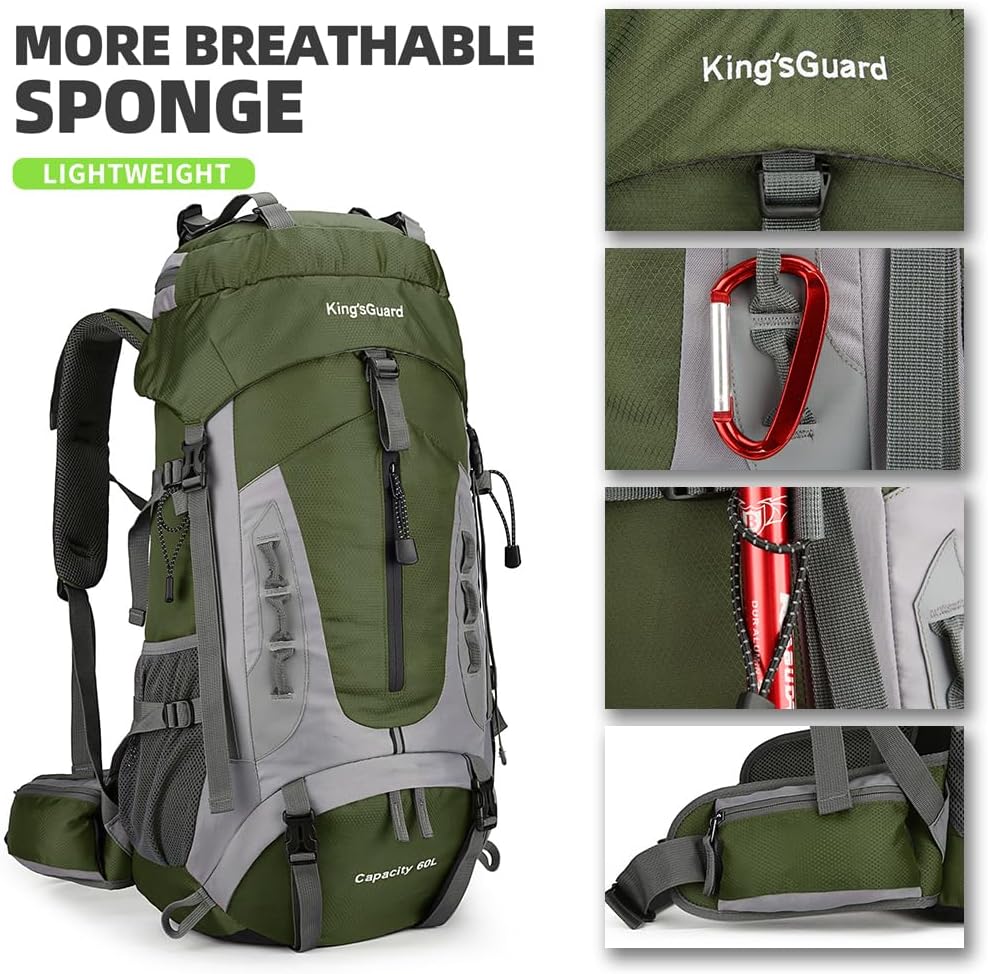 King'sGuard 60L Hiking Backpack Large Waterproof Camping Backpack for Men and Women Lightweight Frameless Backpacking Backpack with Rain Cover (Army Green) - Roamly