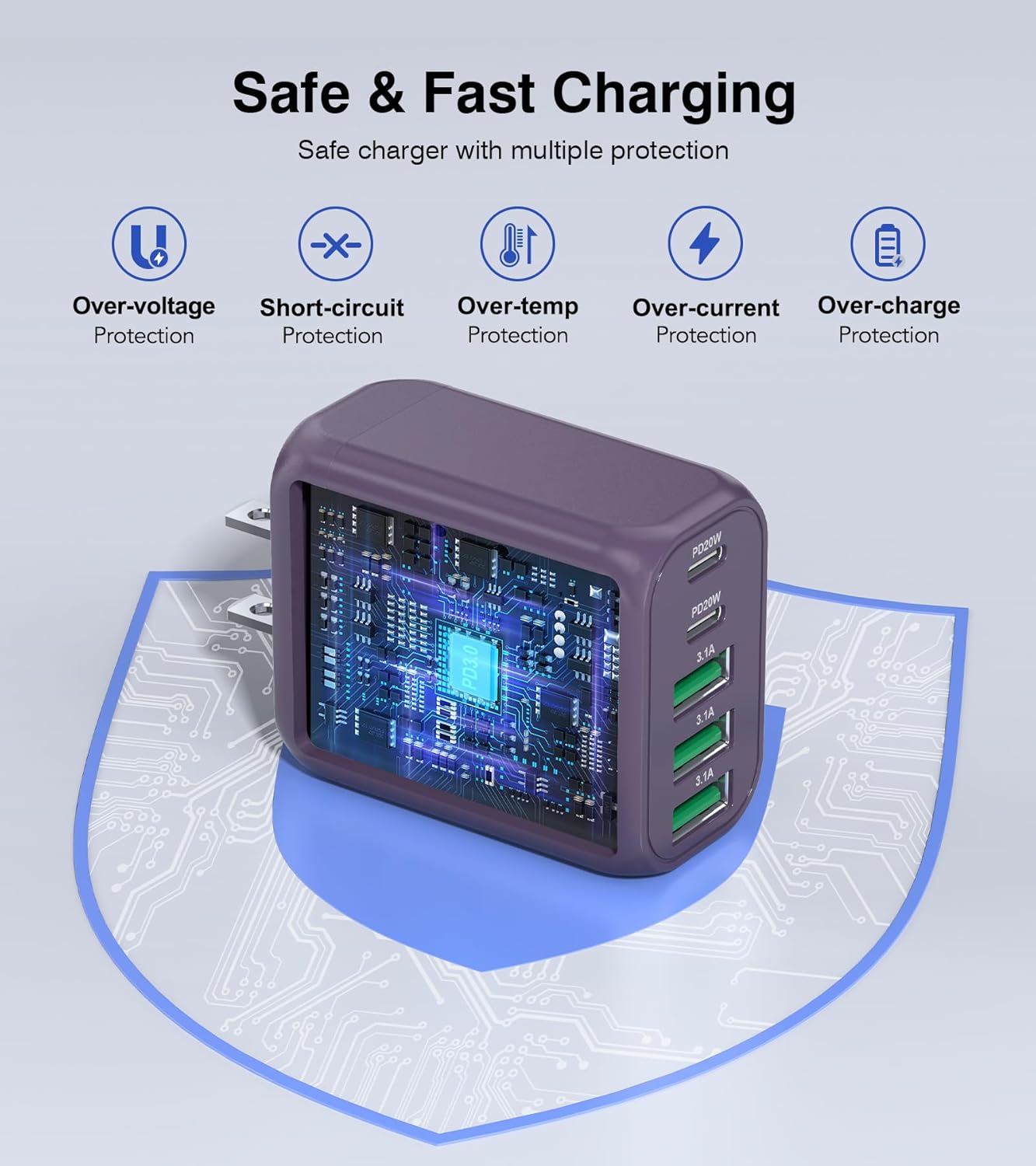 50W 2-Pack USB C Wall Charger Block, 5-Port C Charger Fast Charging Block PD Power Adapter +QC 3.0 Multiport Type C Box Brick Cube USB A Wall Plug for iPhone 16/15/14/13 Pro Max,Samsung Galaxy(Purple) - Roamly