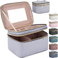 Large Makeup Bag with Mirror Double Layer Travel Make Up Organizer Case, Large Capacity Coemetic with Brush Slot Divider, Travel Toiletry Bag for Women (Grey)