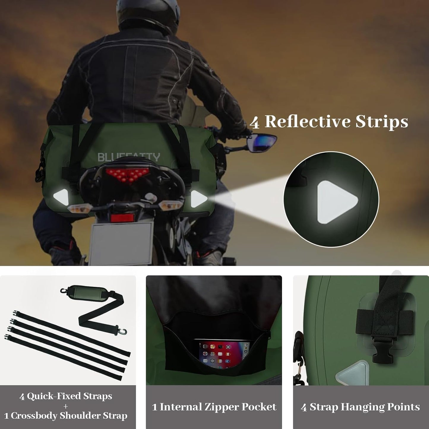 Waterproof Motorcycle Duffel Bag Roll Top Dry Duffel Bag with Quick-fixed Straps for Rafting, Boating, Kayaking, Travel, 50L(Army Green) - Roamly