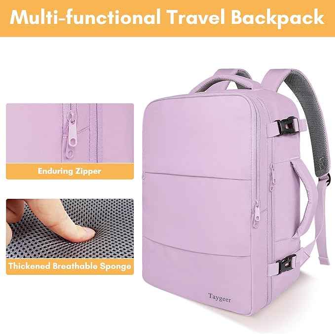Taygeer Travel Backpack for Men Women, Airline Approved Underseat Personal Item with 17.3 inch Laptop Compartment, TSA Friendly Mochila for Business Hiking Weekend, Carry On Backpack, Orchid Purple