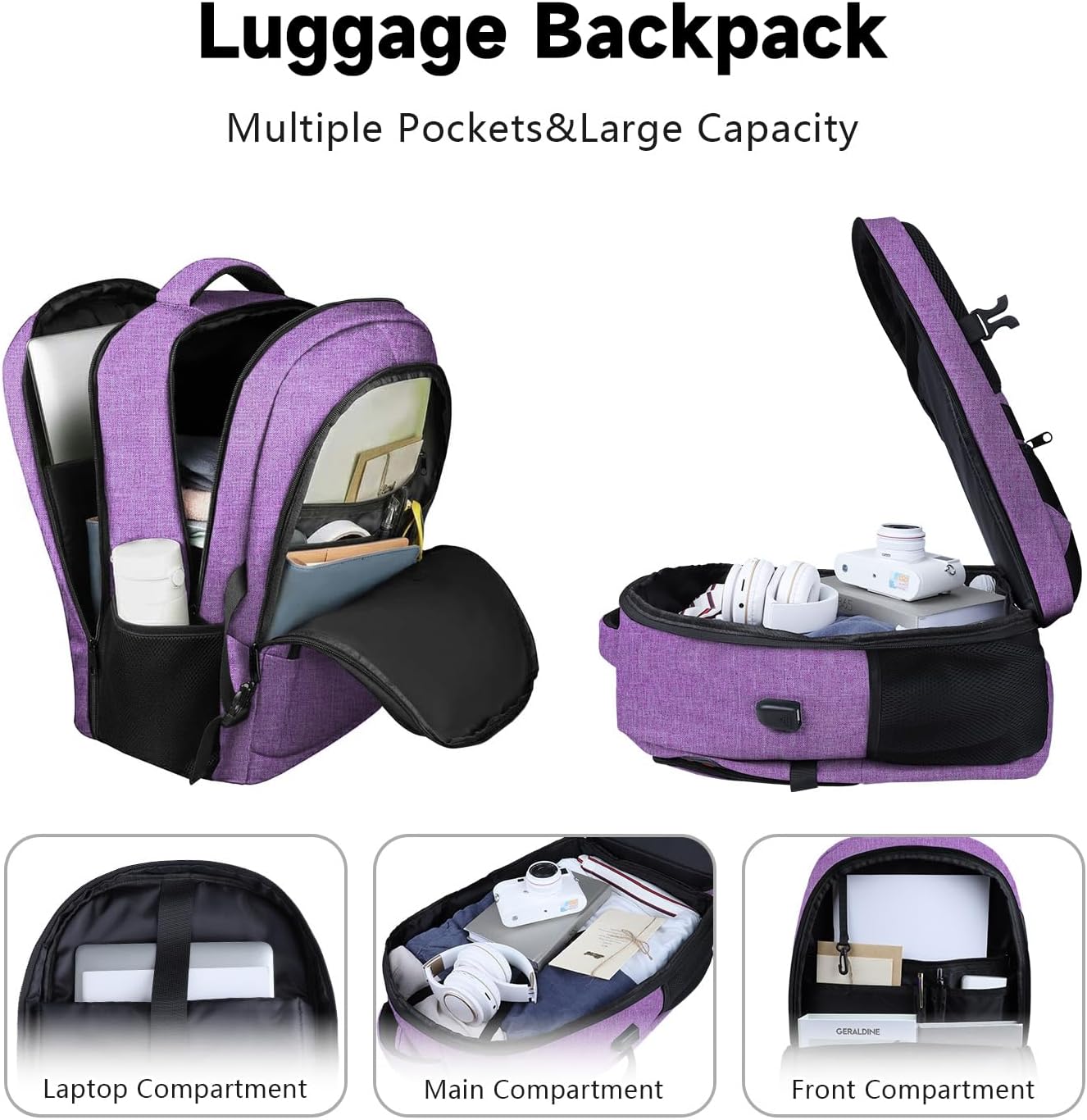 Lapsouno Travel Backpack, Travel Laptop Backpack, Multiple Pockets 15.6 Inch Carry on Backpack with USB Port, TSA Friendly Water Resistant College School Business Bag for Women, Purple - Roamly