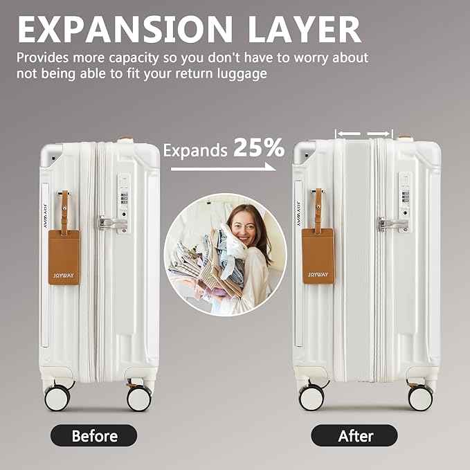 Joyway 3 Piece Set Hardside Expandable Luggage with USB Charging Port and Cup Holder, TSA Lock Spinner Wheels Suitcase for International Travel, Lightweight Carry On Checked Baggage, White