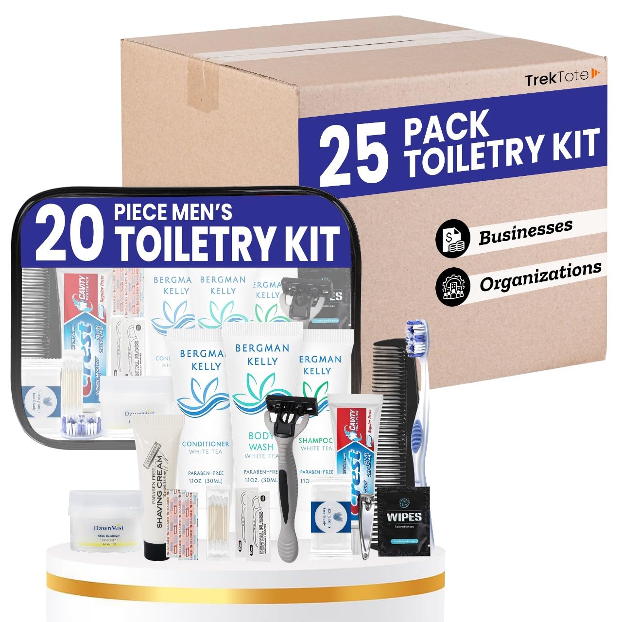 Trektote Bulk Hygiene Kit For Men And Women – (25 Pack) 20 Piece Set Of Travel Size Toiletries, TSA Compliant, Bulk Travel Essentials, Includes Shampoo And Conditioner, Body Wash, Toiletry Bag & More