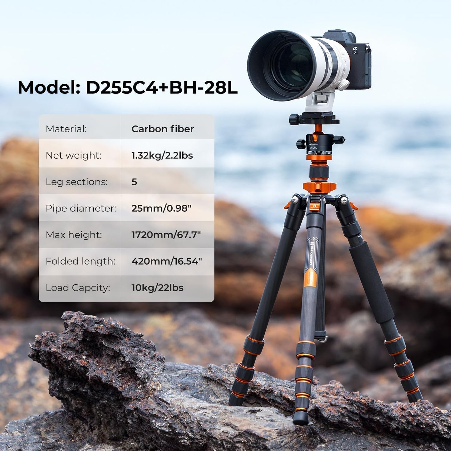 K&F Concept 68" Carbon Fiber Camera Tripod,Compact Tripods with Metal Ball Head,Quick Release Plate,Detachable Monopod 22lbs Load for DSLR Cellphone Tripods(SA255C1) D255C4+BH-28L