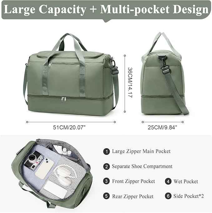 Large Travel Duffle Bag,Carry on Overnight Weekend Bag with Shoes Compartment,Weekender Bags for Women for Travel Business Trips Sport Hospital,Olive Green