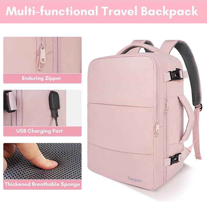 Taygeer Travel Backpack for Women, Carry On Backpack with Water Bottle Pocket & Shoe Pouch, TSA 15.6inch Laptop Mochila Flight Approved, Nurse Bag Casual Daypack for Weekender Business Hiking, Pink