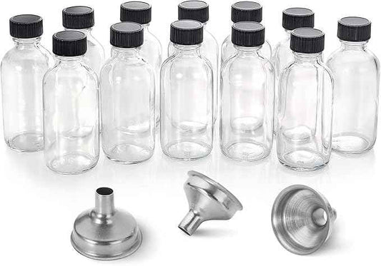 12 Pack, 2 oz Small Clear Glass Bottles w/Lid & 3 Funnels - 60ml Boston Shot Bottles for Health, Immunity, Potion, Wellness, Sample, Ginger, Juice - Mini Personal Care & Beauty Travel Bottle