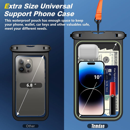 Temdan 2 Pcs Floating Waterproof Phone Pouch,[Up to 10" Large] Universal IPX8 Waterproof Cell Phone Dry Bag with Lanyard for iPhone 16 Pro Max/16E/15/14/13/12/11,Galaxy S25 Ultra/S24/S23 for Vacation