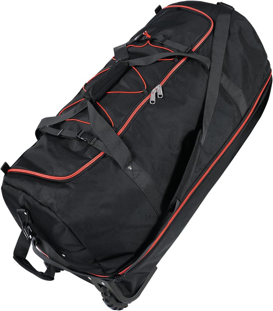 110L Expandable to 140L 32” Foldable Oxford Soft-Sided Rolling Duffle Bag with 2 Heavy-Duty Wheels,3 Large Compartments,Adjustable Shoulder Strap and Attached Organizer Pouch,Black Red - Roamly