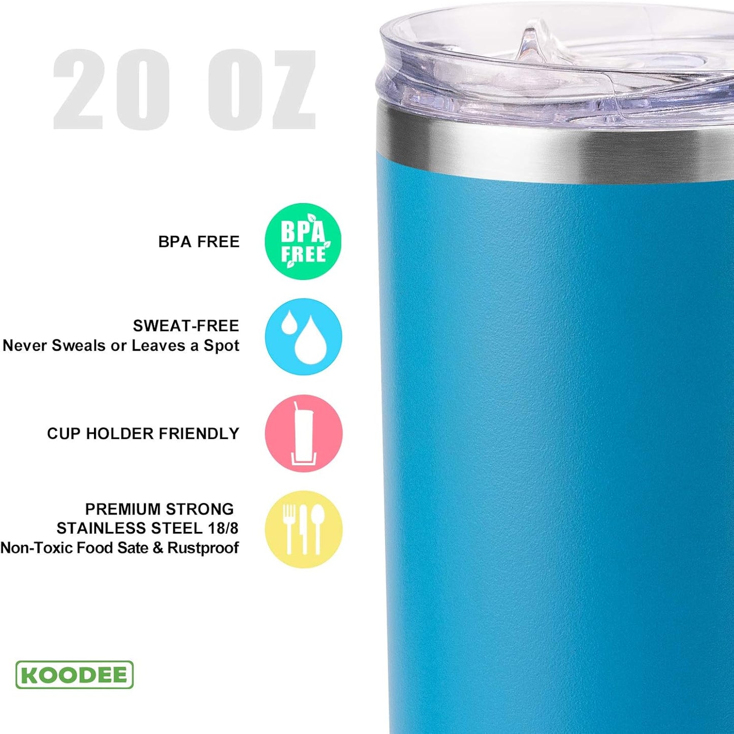 koodee 20 oz Stainless Steel Skinny Tumblers (4 Pack) Double Wall Insulated Water Tumbler Cup with Straw, Lids and Straw Brushes (Baby blue/White/Pink/Sky Blue)