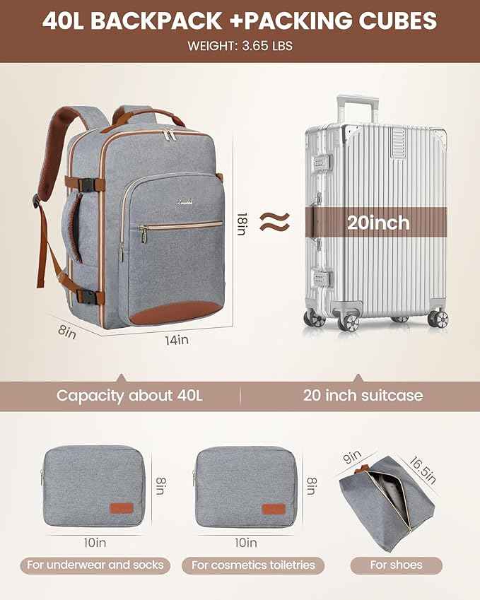 LOVEVOOK Travel Backpack for Women & Men 40L,Airline Approved Carry On Backpack Travel Essentials,TSA Carry on Luggage,Waterproof Personal Item Travel Bag,Suitcase with 3 Packing Cubes,Grey-Brown