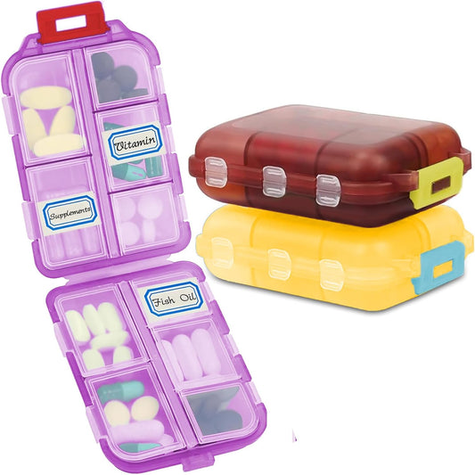 Small Pill Case Travel Pill Box Cute Pill Organizer for Purse Portable Daily Medicine Organizer 10 Compartment Pill Holder for Vitamins, Fish Oil, Supplements