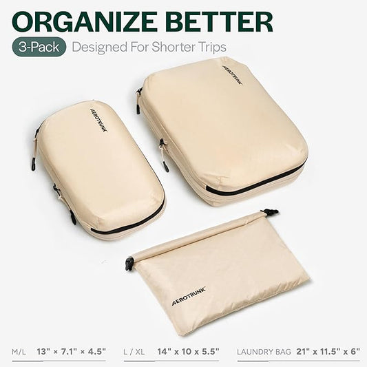 Aerotrunk Ultralight Compression Packing Cubes - Lightweight Travel Organizers for Suitcases and Luggage (3-Pack, Beige)