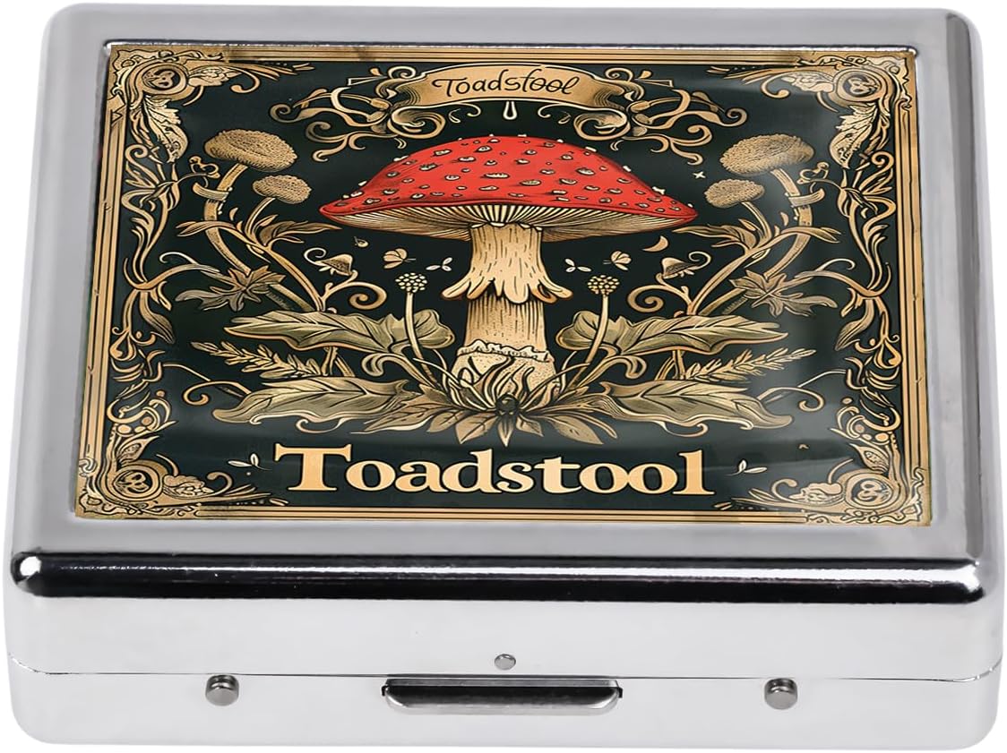 Cute and Stylish Metal Pill Box - Compact Portable Pill Organizer with 8 Compartments, Food-Grade Divider, Ideal for Travel, Vitamins, Jewelry, Cosmetics (Enchanted Toadstool)