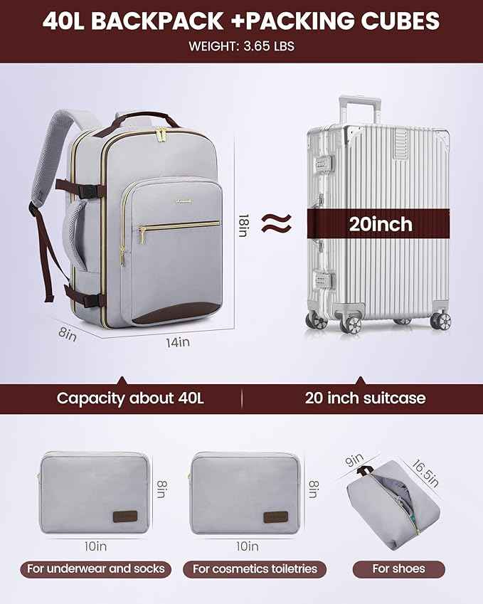 LOVEVOOK Travel Backpack for Women & Men 40L,Airline Approved Carry On Backpack Travel Essential,TSA Carry on Luggage,Personal Item Travel Bag,Suitcase with 3 Packing Cube,Light grey-Dark coffee color