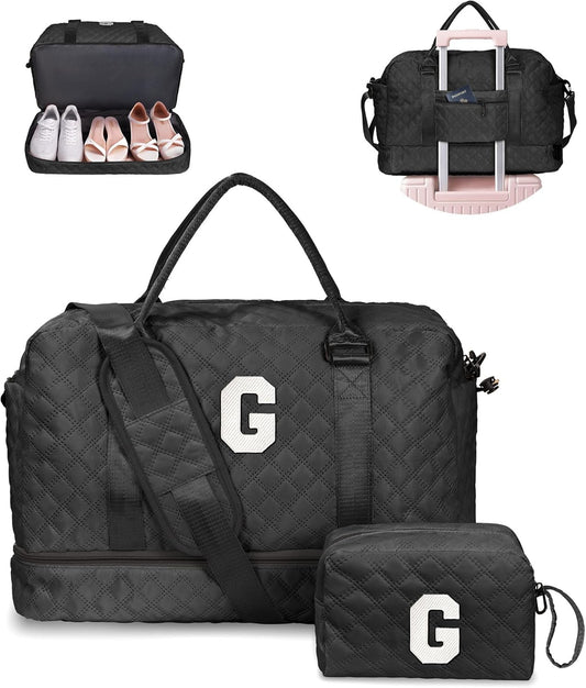 Women Gifts for Wife-Initial Duffle Bag with Shoe Compartment, Weekender Bag, Monogram Overnight Bag, Letter Travel Bag with Makeup Bag，Personalized Gift Idea for Women Her (Letter G) - Roamly