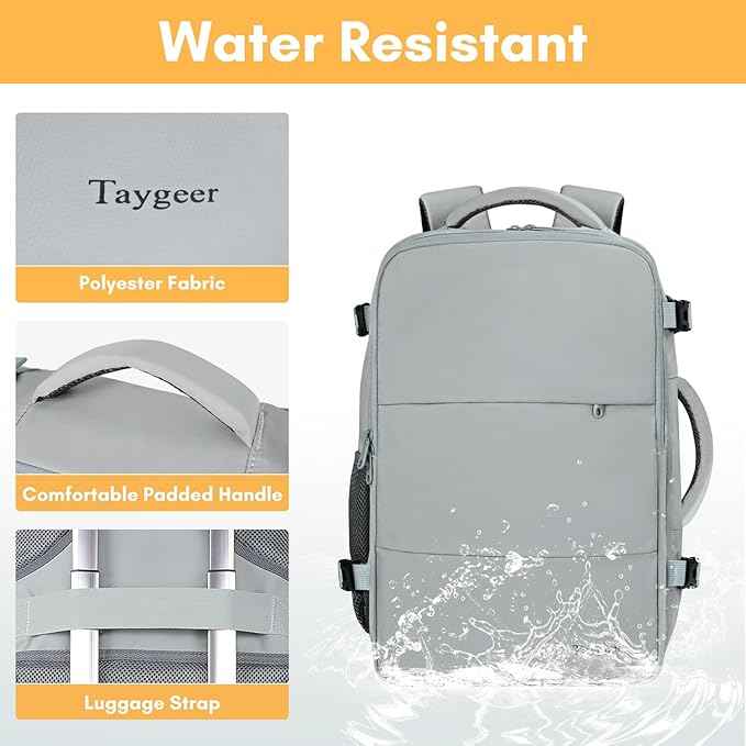 Taygeer Carry On Backpack, Womens Travel Backpack with Water Bottle Pocket & Shoe Pouch, Laptop Mochila 15.6inch Flight Approved, College Teacher Tote Bag for Business Travel Supplies, Grey
