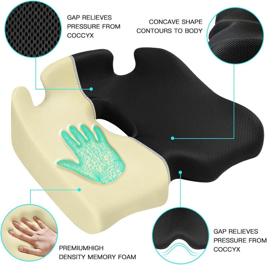 Benazcap X Large Memory Seat Cushion for Office Chair Pressure Relief Sciatica & Tailbone Pain Relief Memory Foam Firm Coccyx Pad for Long Sitting, for Office Chair, Gaming Chair and Car Seat Upgrade