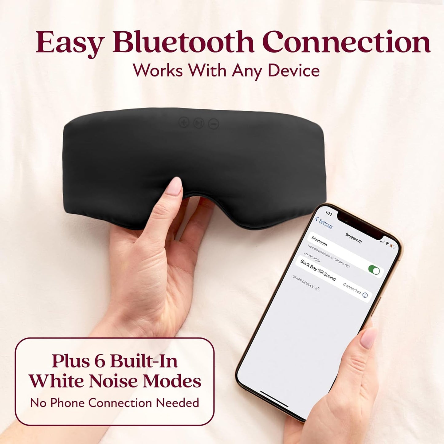 SilkSound 100% Mulberry Silk Bluetooth Sleep Mask for Side Sleepers, Sleeping Eyemask with Bluetooth Headphones, Eye Mask Headphones, Sleep Headphones for Side Sleepers, White Noise Head Phones