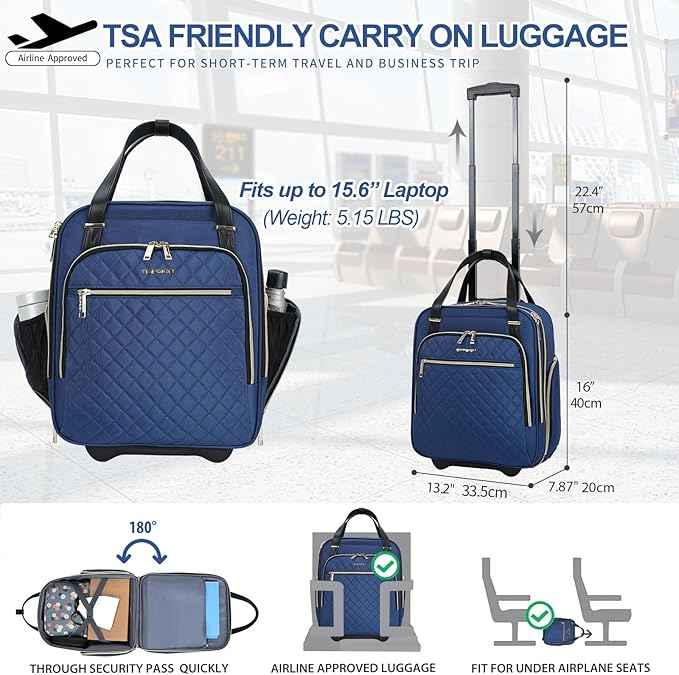 EMPSIGN Underseat Carry On Wheeled - 16" Carry on Bag with Wheels Multi-functional Lightweight Rolling Bag Overnight Weekender Small Suitcase for Women Men Travel Business, Haze Blue-Gold Zipper