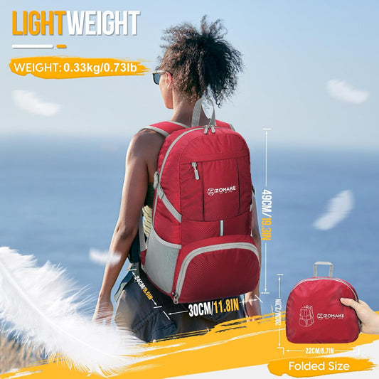ZOMAKE Lightweight Packable Backpack 35L, Light Foldable Backpacks Water Resistant Collapsible Hiking Bag, Compact Folding Day Pack for Travel Camping(Red) - Roamly
