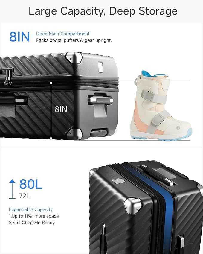 LUGGEX Trunk Luggage,KVT Expandable PC Hard Shell Medium Checked 24 Inch Suitcase with Shock - Absorbing Wheels & TSA Lock(EX-Pro,Charcoal Metallic,24 inch,72L - 80L)