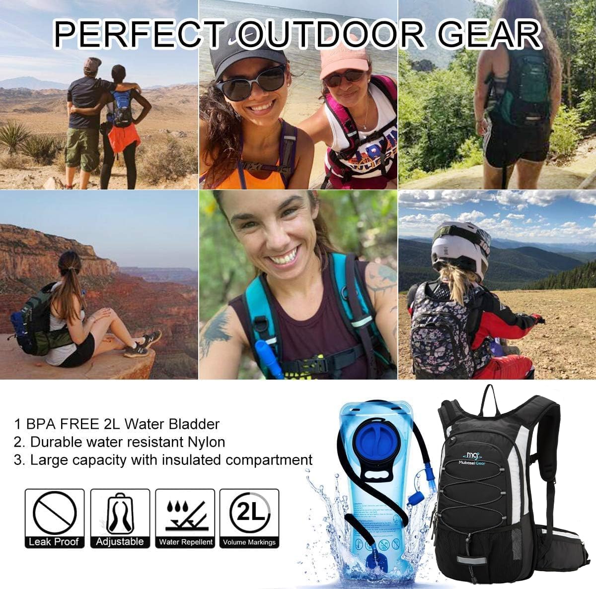 15L Insulated Hydration Backpack Pack with 2L Water Bladder Lightweight Hiking Backpack Bag for Women Men Daypack for Hiking Running Festival Camping Biking - Roamly