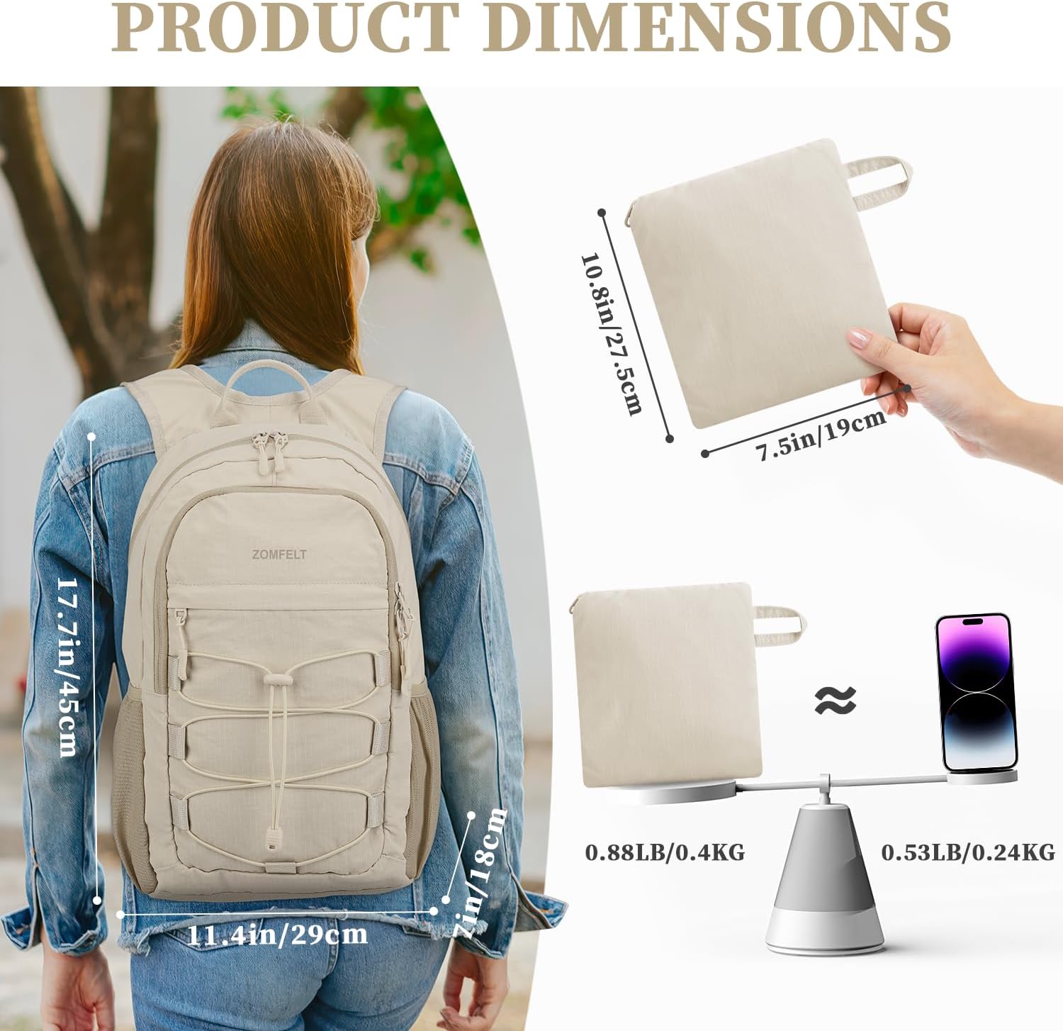 ZOMFELT Hiking Backpack for Women Men, 25L Lightweight Packable Backpacks for Trip, Water Resistant Small Travel Backpack, Foldable daypack for Hiking, Walking, Cycling, Camping, Beige - Roamly