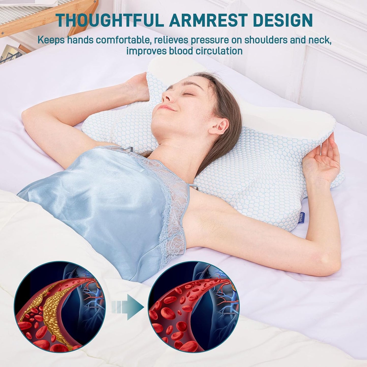 Cervical Neck Pillow - Memory Foam Pillow for Pain Relief Sleeping, Ergonomic Neck Support Contour Pillows for Side Back Stomach Sleepers,Orthopedic Breathable Pillowcase (Blue White)