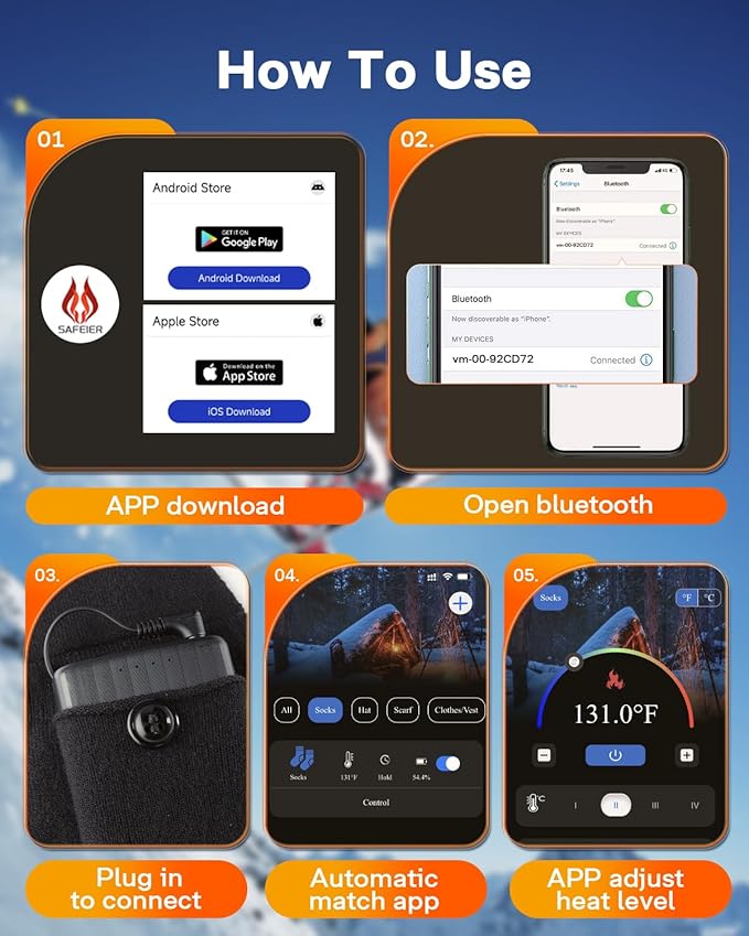 Heated Socks for Men Women with APP Control, 10000mAh*2 Battery Rechargeable Electric Heated Socks Up to 15 Hours,Smart Foot Warmers Washable for Camping Hunting Fishing Cycling Skiing Skating Hiking