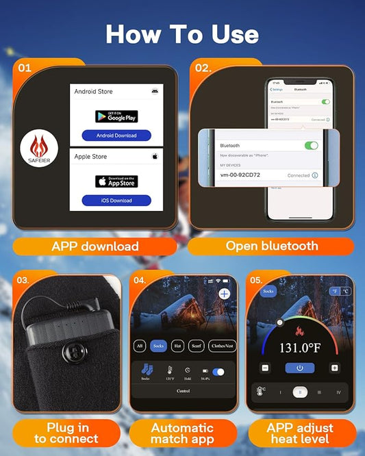 Heated Socks for Men Women with APP Control, 10000mAh*2 Battery Rechargeable Electric Heated Socks Up to 15 Hours,Smart Foot Warmers Washable for Camping Hunting Fishing Cycling Skiing Skating Hiking