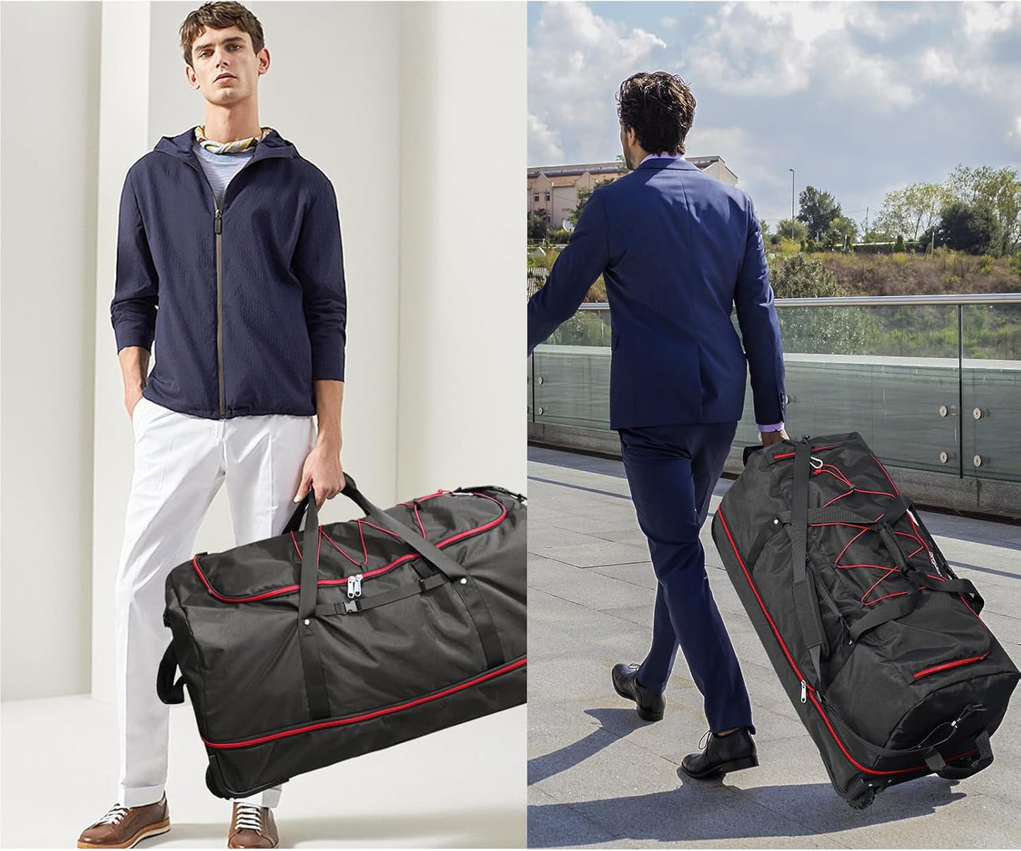 110L/140L Expandable Soft-Sided Foldable Duffle Bag with 2 Rubber Wheels,Packable 32” Rolling Carry-On with Multi-Pockets & Compartments,Black Red - Roamly