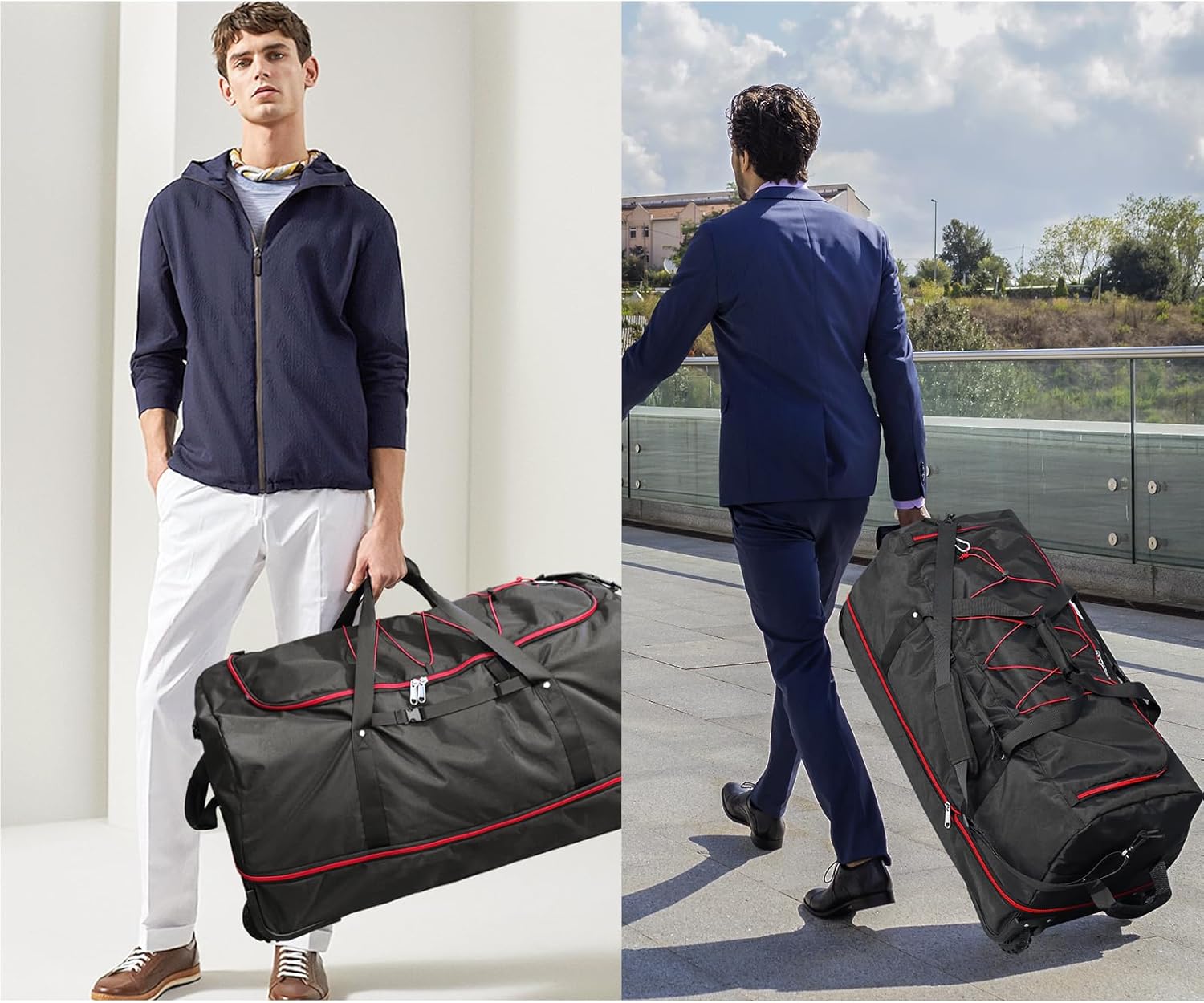 110L/140L Expandable Soft-Sided Foldable Duffle Bag with 2 Rubber Wheels,Packable 32” Rolling Carry-On with Multi-Pockets & Compartments,Black Red - Roamly