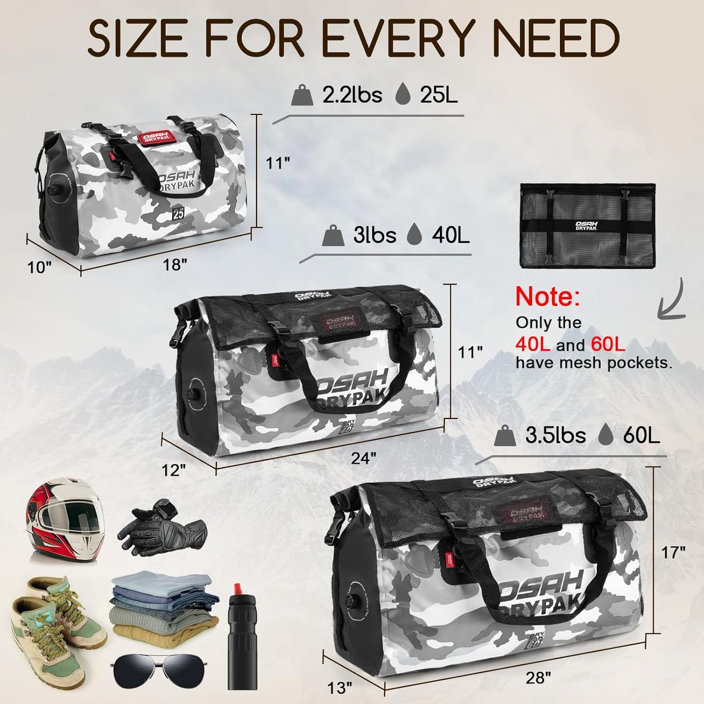 Waterproof Duffel Bag - Motorcycle Dry Bag Tail Bag with Large Storage Space, Waterproof Luggage Duffle Bags with Outer Mesh Zipper Pocket for Camping, Kayaking, Fishing & Traveling - Roamly