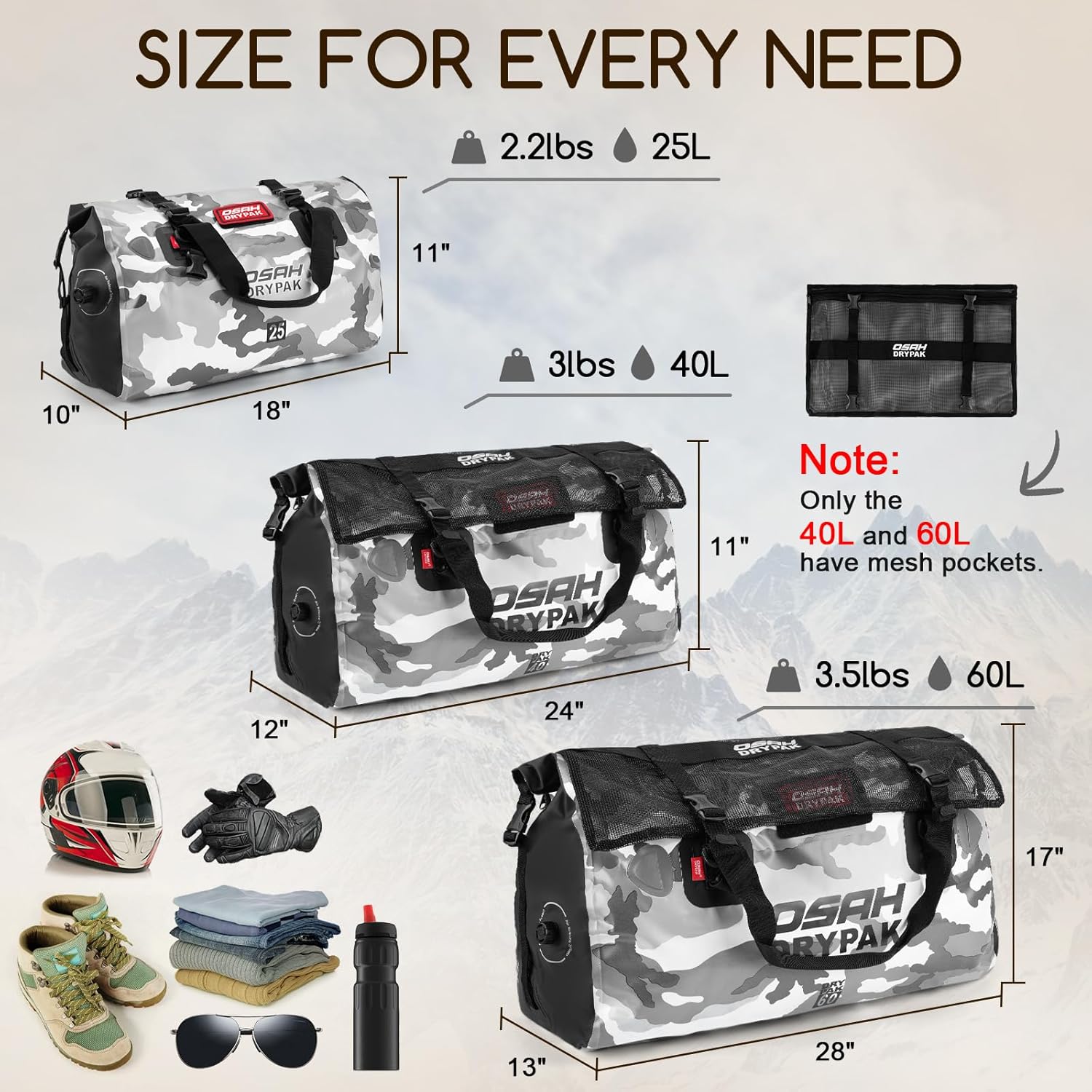 Waterproof Duffel Bag - Motorcycle Dry Bag Tail Bag with Large Storage Space, Waterproof Luggage Duffle Bags with Outer Mesh Zipper Pocket for Camping, Kayaking, Fishing & Traveling - Roamly