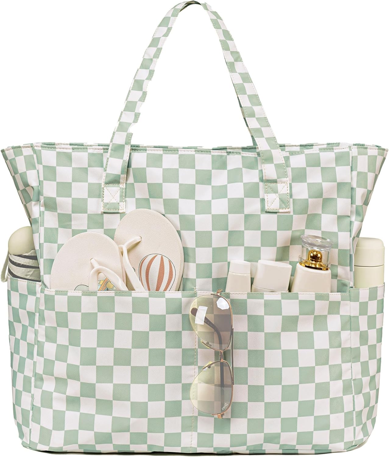 LEDAOU Large Beach Tote Bag Women Waterproof Sandproof Zipper Beach Tote Bag for Pool Gym Grocery Travel with Wet Pocket - Roamly