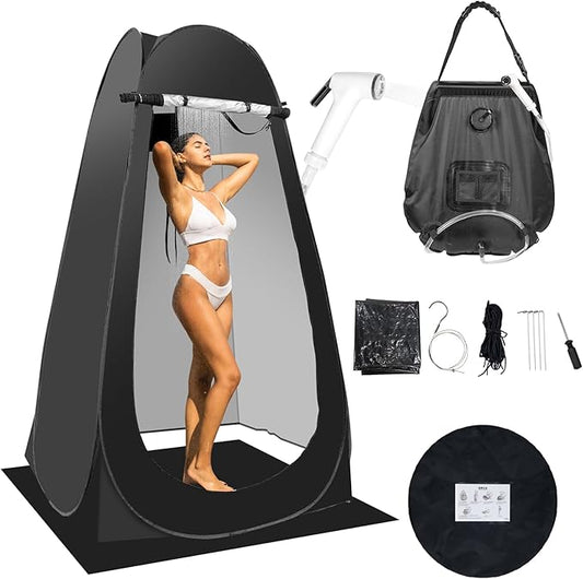 Portable Camping Privacy Tent, Outdoor Shower Tent Kit with 5 Gallon Shower Bag-(Nozzle Upgraded)