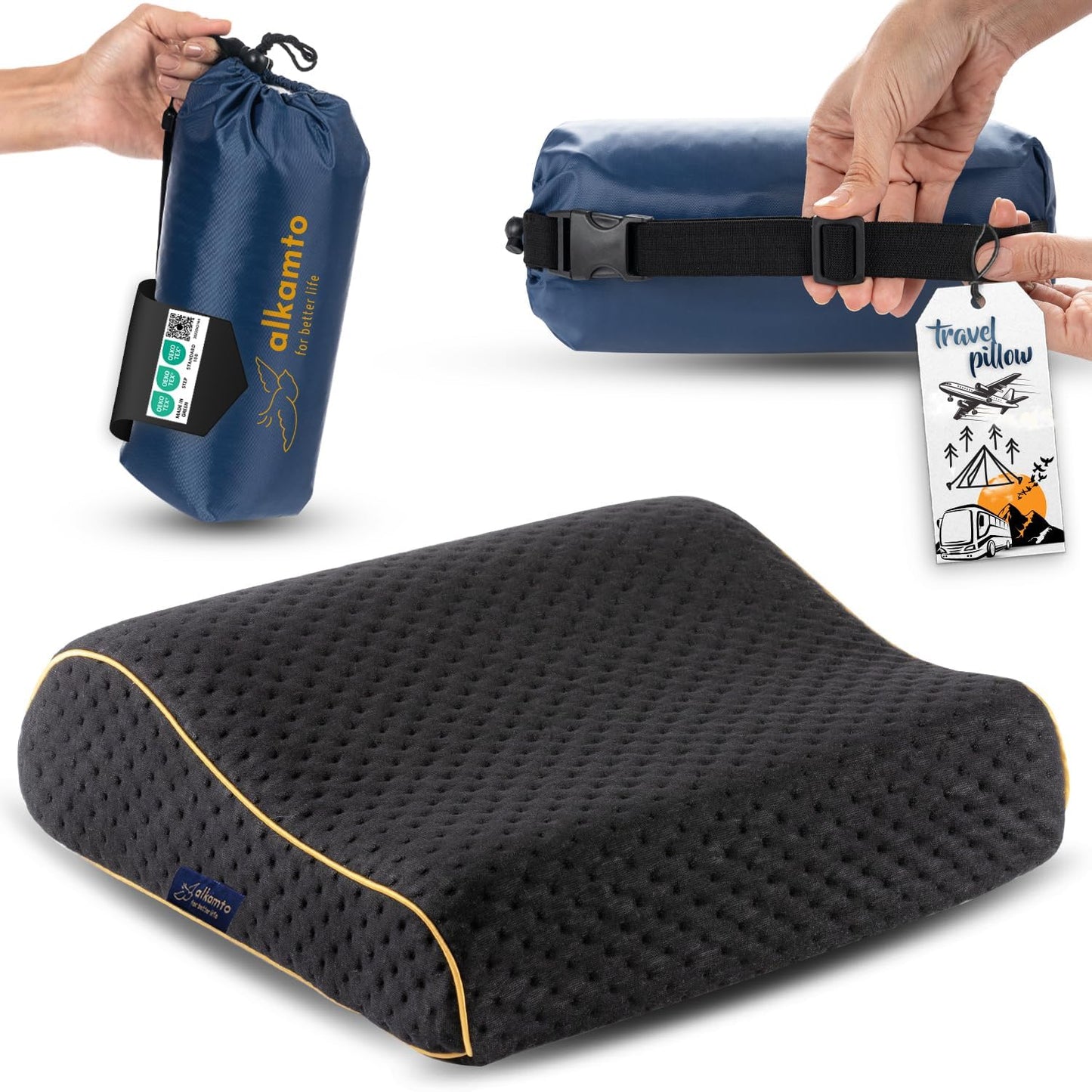 Travel & Camping Comfortable Memory Foam Pillow – Easy to Carry Portable Bag – Temperature Regulating Pillow Case (Black Contour)