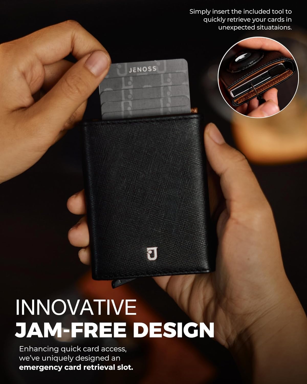 Jenoss Smart AirTag Wallet for Men: Full Grain Leather, Handcrafted, Silver Pop Up Case,Slim, RFID Blocking Credit Card Holder Compact, 12 Slot Organizers ID Cash Apple Air Tag Tracker (Black&Brown)