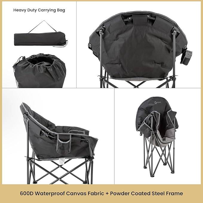 ARROWHEAD OUTDOOR 2-Pack Oversized Heavy-Duty Club Folding Camping Chair w/Pocket, Cup Holder, Portable, Padded, Moon, Round, Saucer, Supports 330lbs