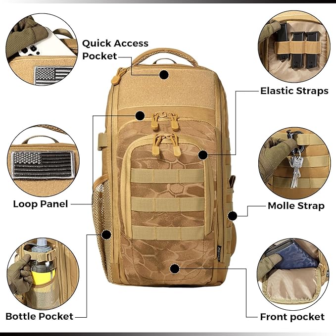 DBTAC Tactical Personal Defense EDC Bags & Packs | 10L Military Shoulder Backpack with Sling for Concealed Carry, Range, Travel, Hiking, Outdoor Sports (Brown Apatite)