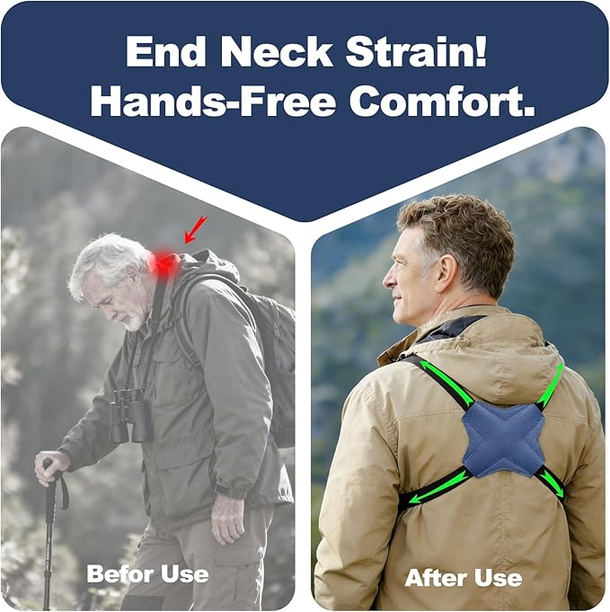 Binocular Harness Strap, New Double-Sided Leather X-shaped Design Adjustable for Hunting, Hiking & Birding, Binocular Harness Fits for Carrying, Cameras, Rangefinders and More
