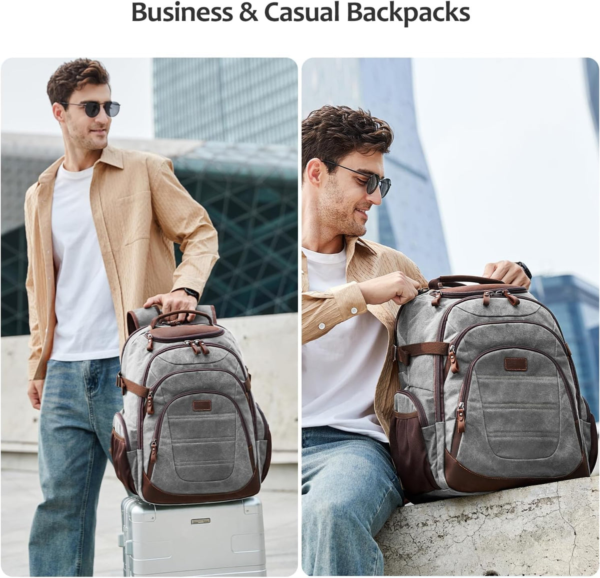 Travel Laptop Backpack 17.3 inch XL Computer Backpack for Men Waxed Canvas College Daypack Business Backpack Gray - Roamly