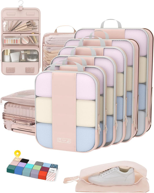 10 Set Compression Packing Cubes for Travel Women Mom,OlarHike Luggage Clothes Storage Gifts for Travelers,Airplane/Cruise/Car/Train Travel Essentials,Compressible Expandable Saver Space Bags(Beige) - Roamly