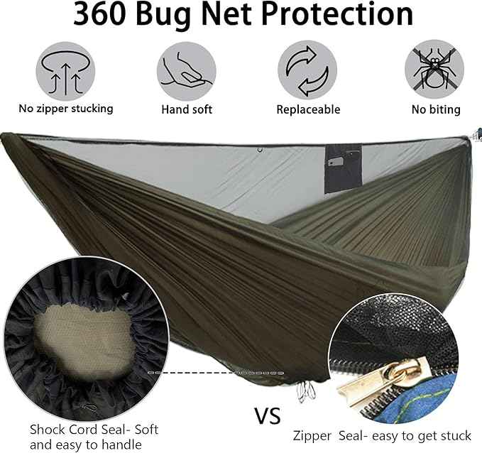 OneWind 11ft Portable Camping Hammock with Mosquito Net, Adjustable Ridgeline Double Hammock with 2*12Ft Tree Straps, Coyote Brown
